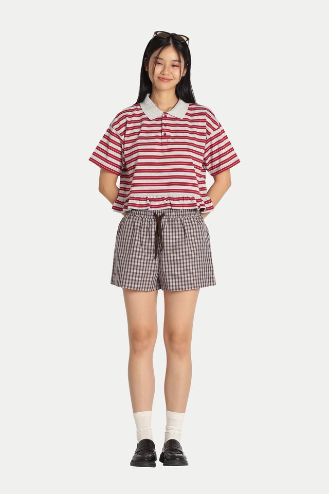 JOY STRIPE PEPLUM POLO TOP IN GREY