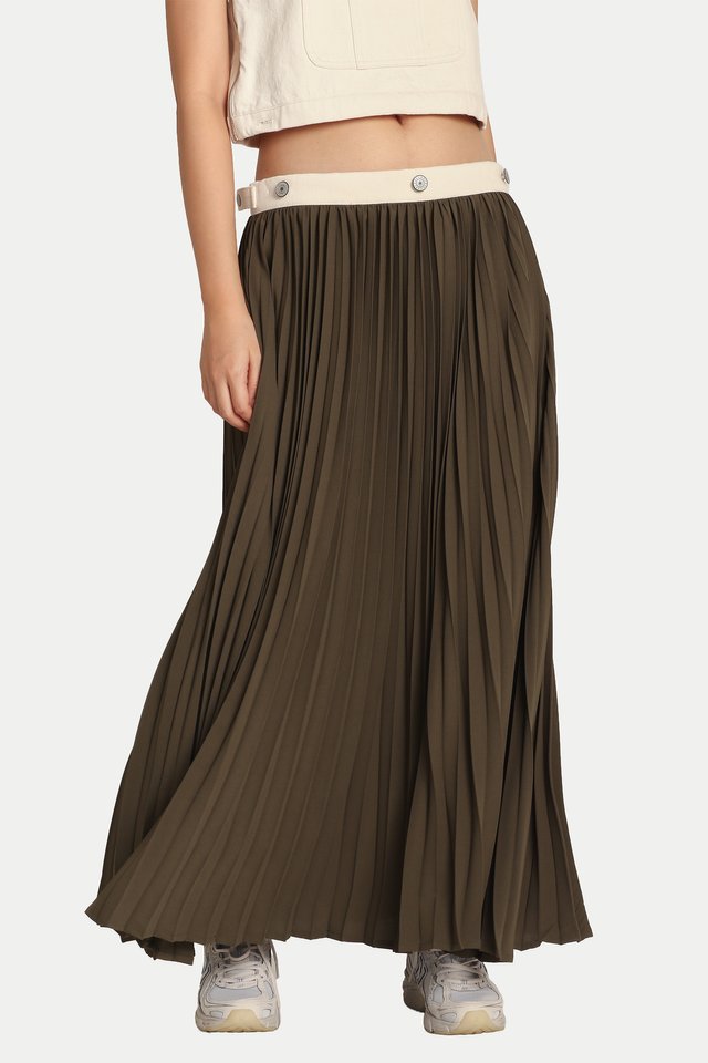 ITSUKI 2-WAY PLEATED WORKER MAXI SKIRT IN HUNTER