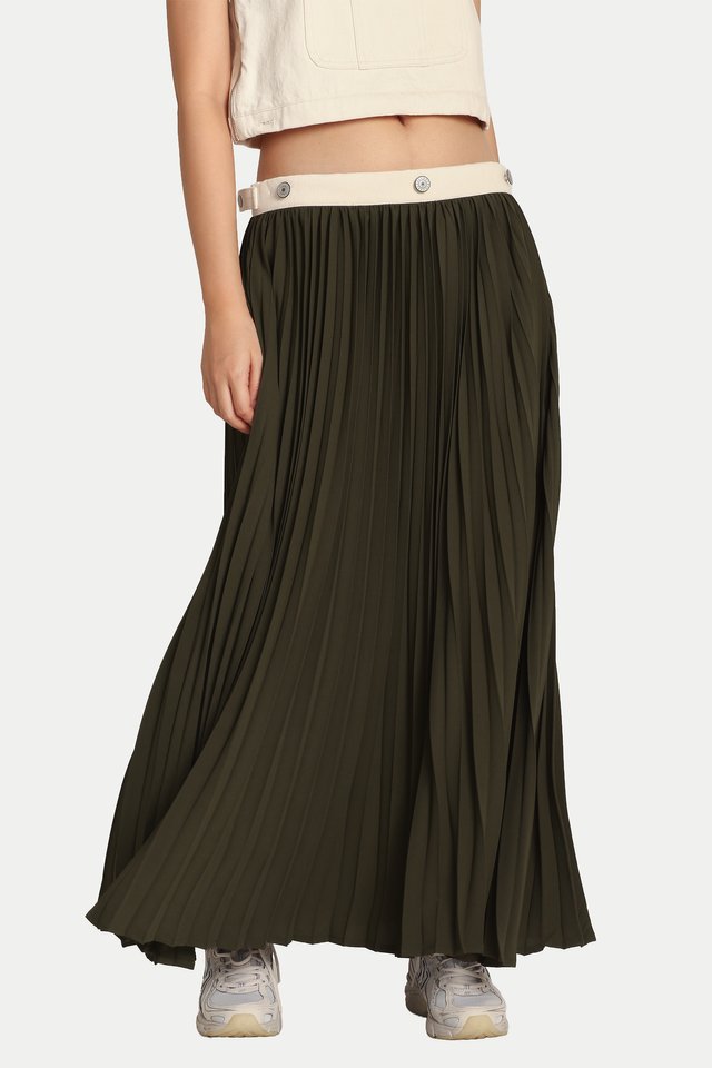 ITSUKI 2-WAY PLEATED WORKER MAXI SKIRT IN HUNTER