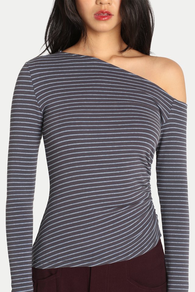 GIANNA ASYMMETRICAL OFF-SHOULDER TOP IN CLOUDY SKY STRIPES
