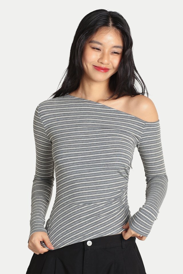 GIANNA ASYMMETRICAL OFF-SHOULDER TOP IN HEATHER GREY STRIPES