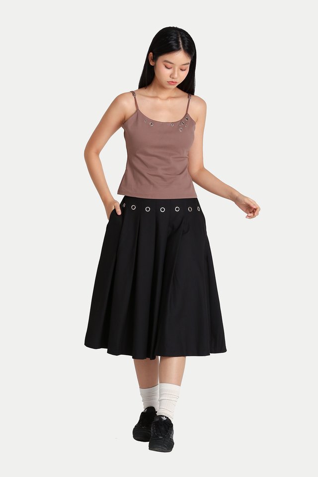 ARISA PLEATED EYELET MIDI SKIRT IN BLACK