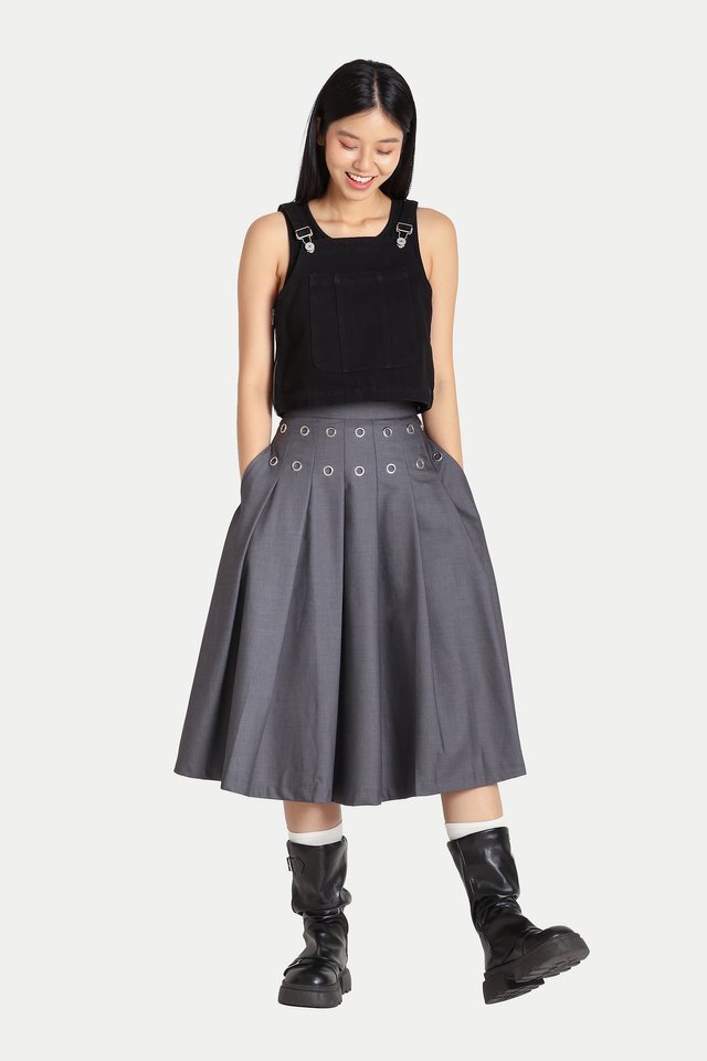 ARISA PLEATED EYELET MIDI SKIRT IN PEBBLE