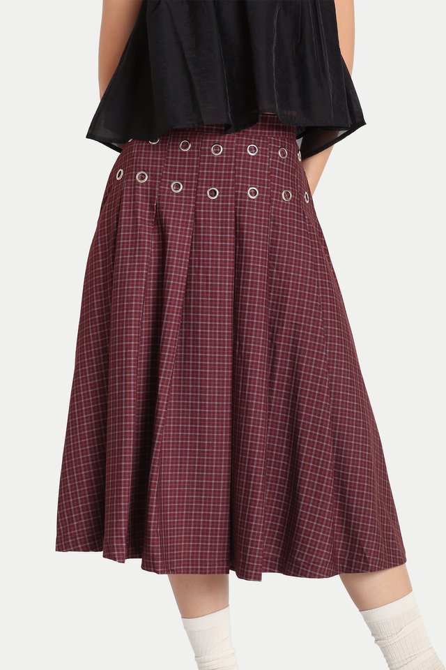 ARISA PLEATED EYELET MIDI SKIRT IN BERRY CHECKS