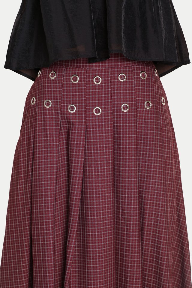 ARISA PLEATED EYELET MIDI SKIRT IN BERRY CHECKS