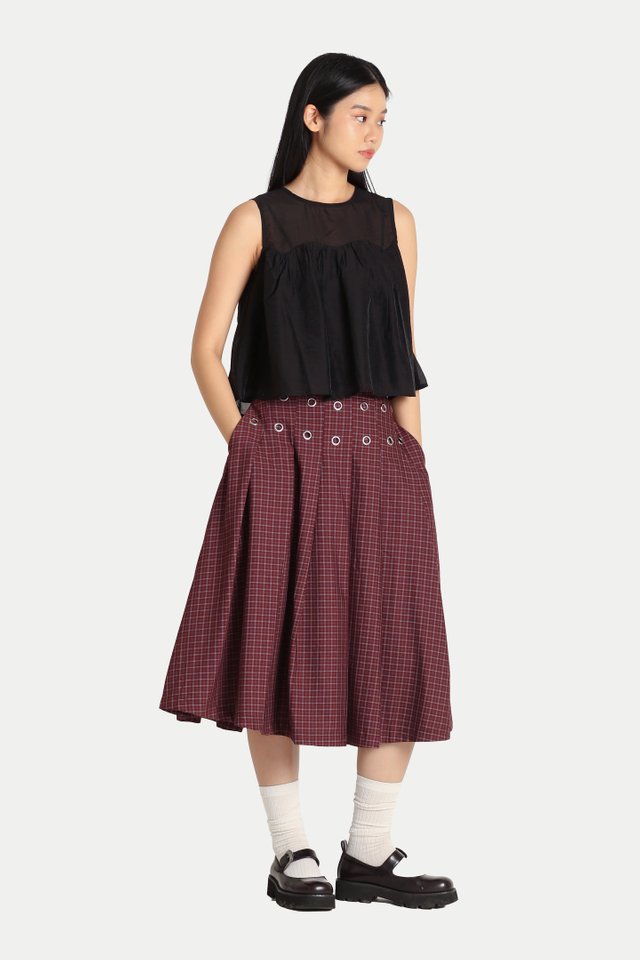 ARISA PLEATED EYELET MIDI SKIRT IN BERRY CHECKS