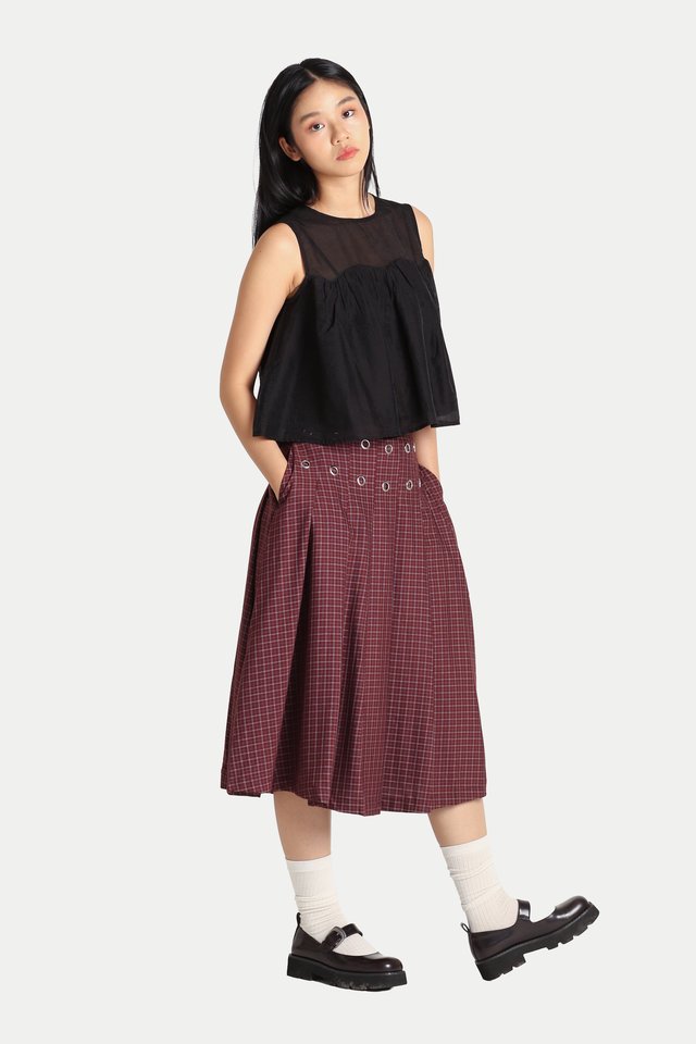 ARISA PLEATED EYELET MIDI SKIRT IN BERRY CHECKS