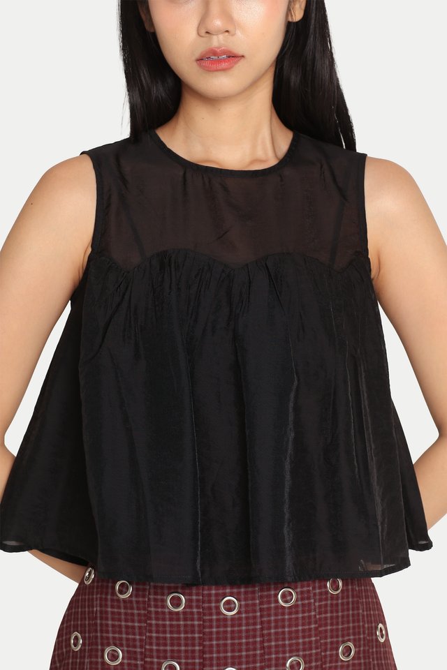 MIZUNA SHEER SCALLOP BABYDOLL TOP IN BLACK