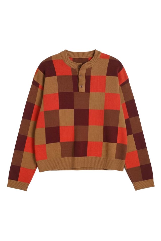 HANS CHECKED HENLEY SWEATER IN DUNE