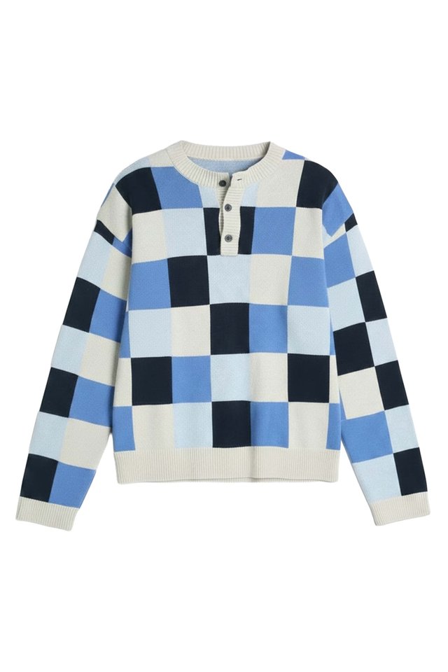 HANS CHECKED HENLEY SWEATER IN OCEAN