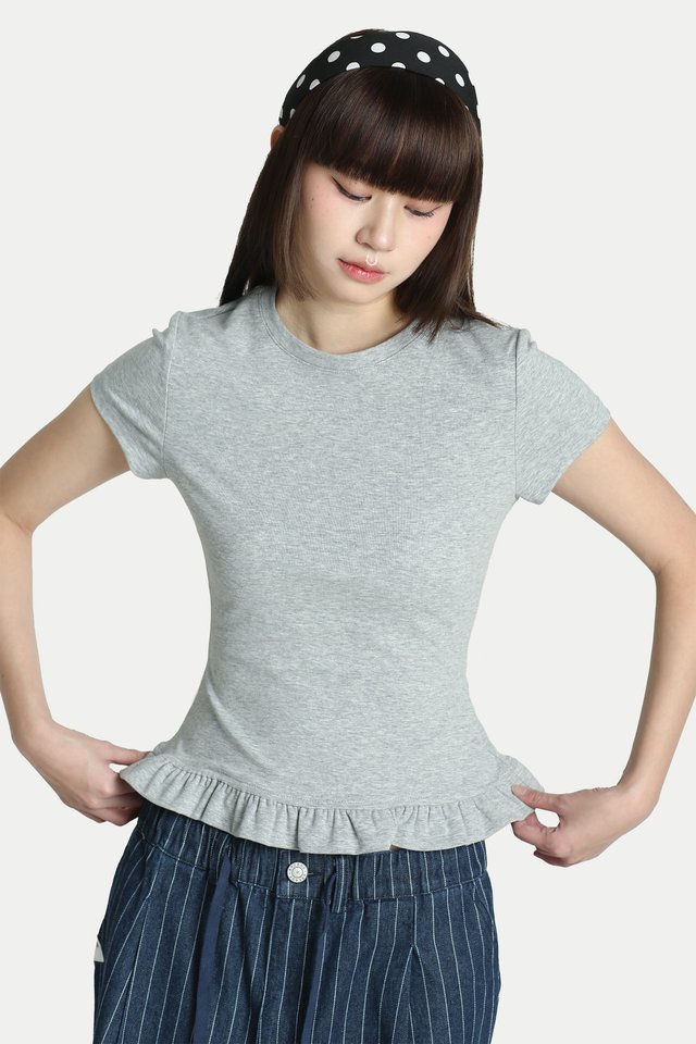 JODIE FRILL HEM BABY TEE IN HEATHER GREY