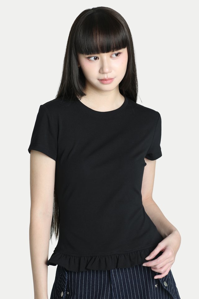 JODIE FRILL HEM BABY TEE IN BLACK