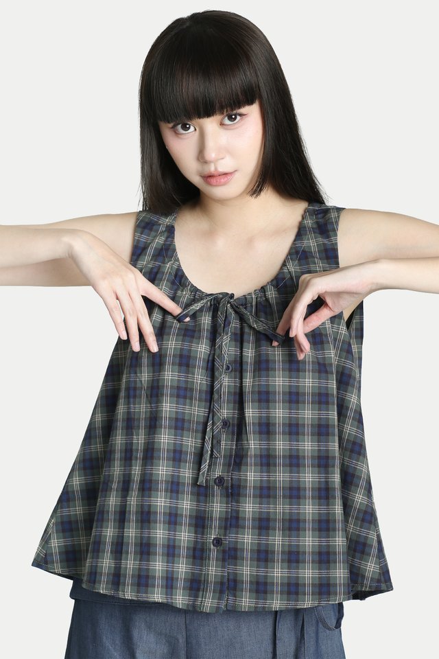 ROCHELLE GATHER FLARE TOP IN RESEDA CHECKS