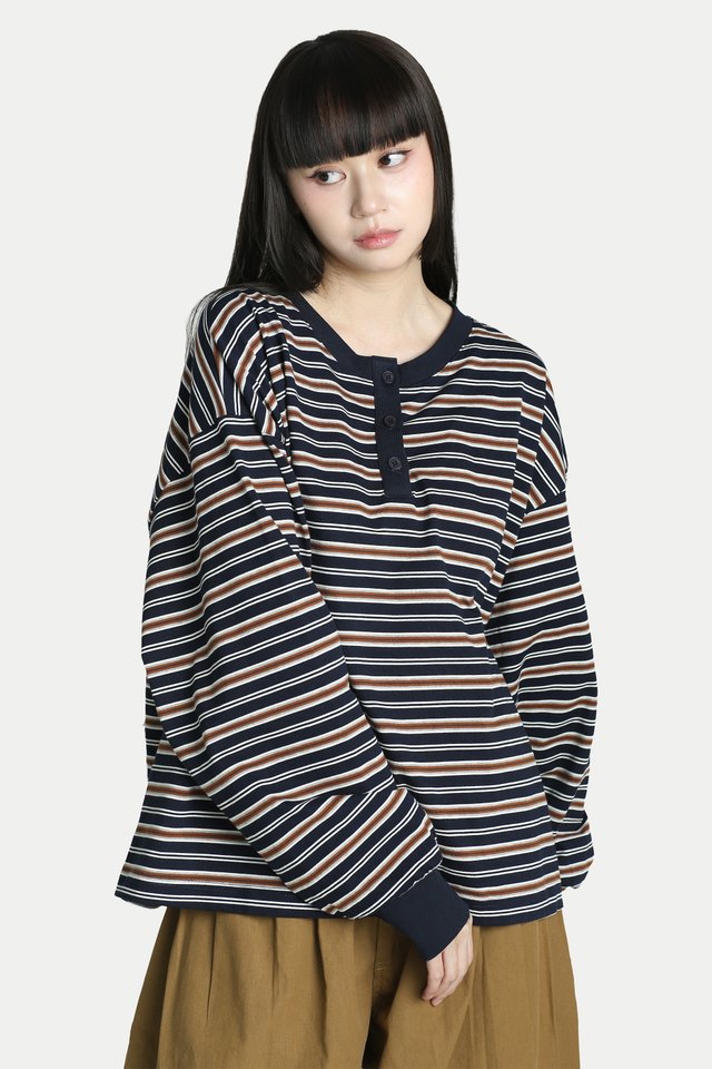 FLO OVERSIZED HENLEY STRIPE PULLOVER IN BLUEBERRY BISCUITS