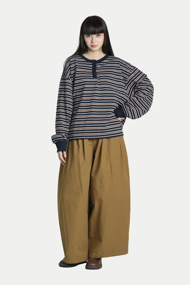 FLO OVERSIZED HENLEY STRIPE PULLOVER IN BLUEBERRY BISCUITS