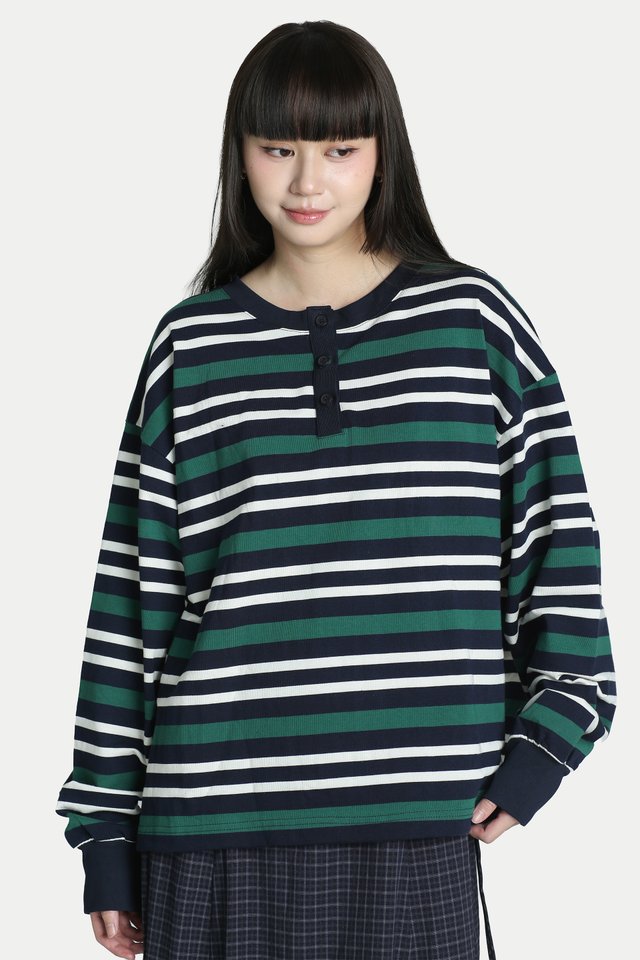 FLO OVERSIZED HENLEY STRIPE PULLOVER IN VARSITY