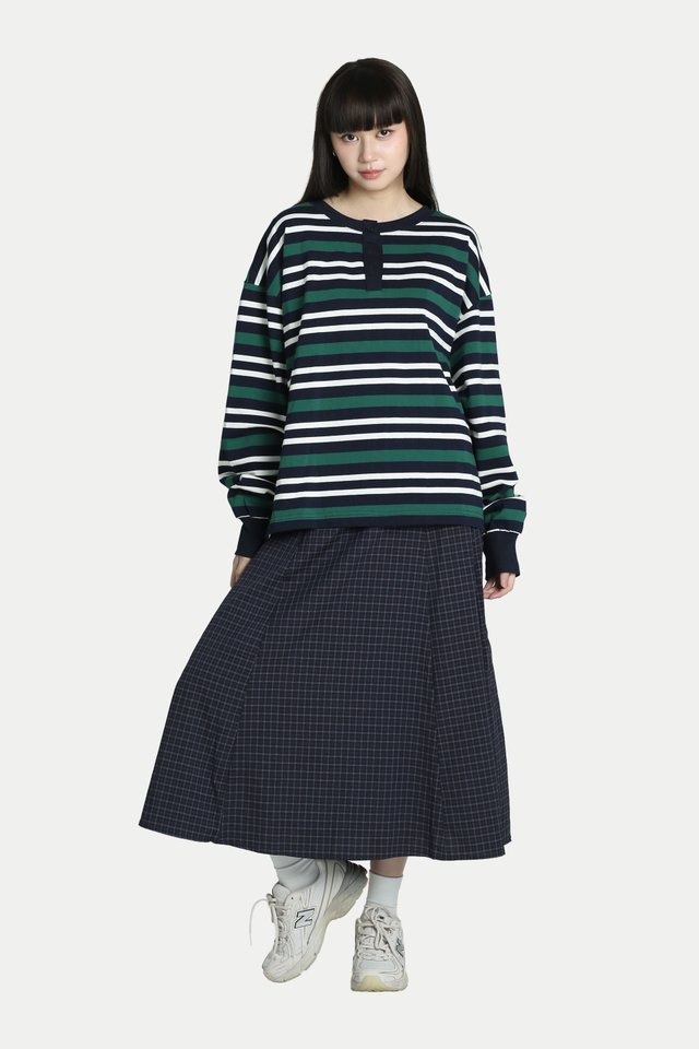 FLO OVERSIZED HENLEY STRIPE PULLOVER IN VARSITY