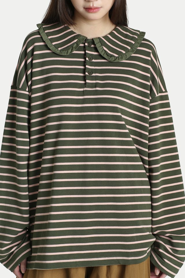 ARIES STRIPE FRILL COLLAR POLO TOP IN PINK GUAVA