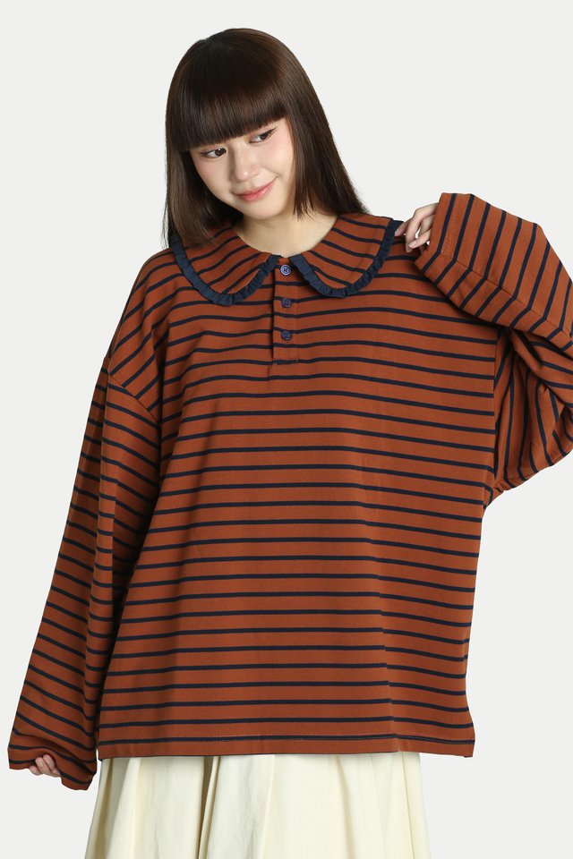 ARIES STRIPE FRILL COLLAR POLO TOP IN BROWNIE