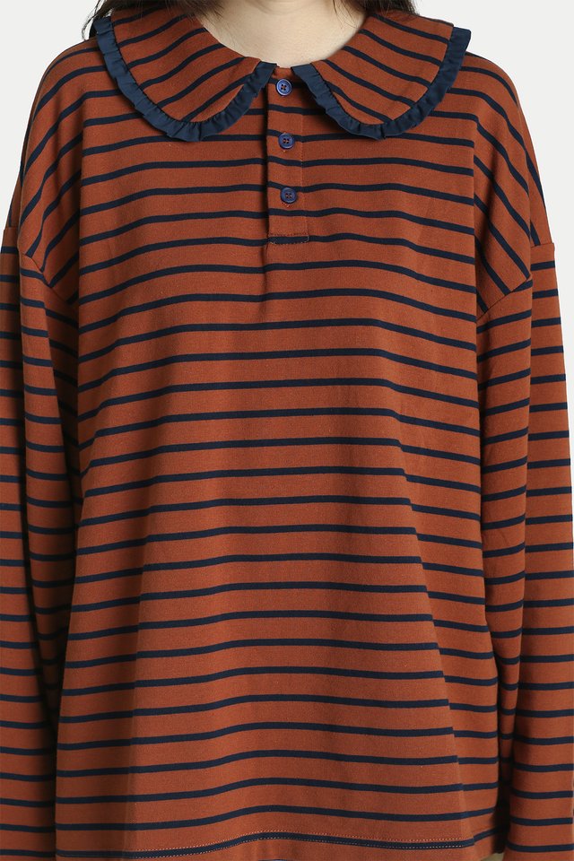 ARIES STRIPE FRILL COLLAR POLO TOP IN BROWNIE