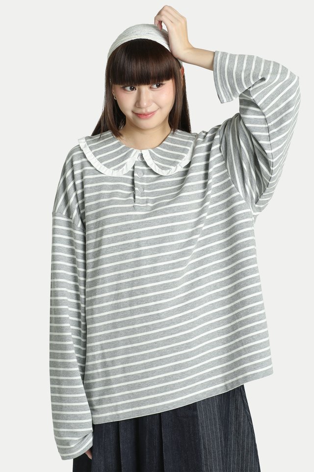 ARIES STRIPE FRILL COLLAR POLO TOP IN CLOUD