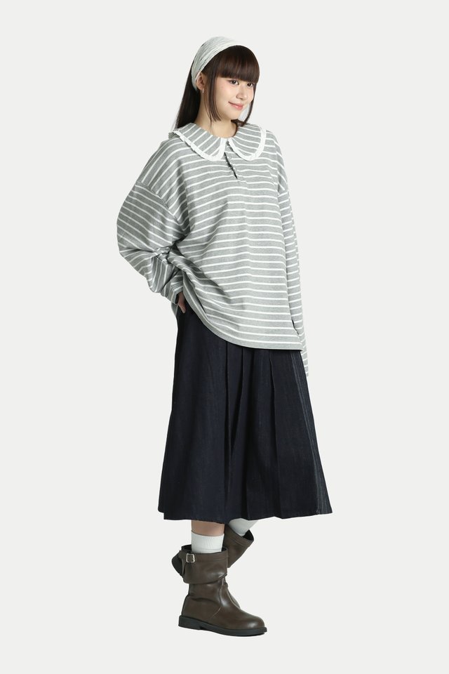 ARIES STRIPE FRILL COLLAR POLO TOP IN CLOUD