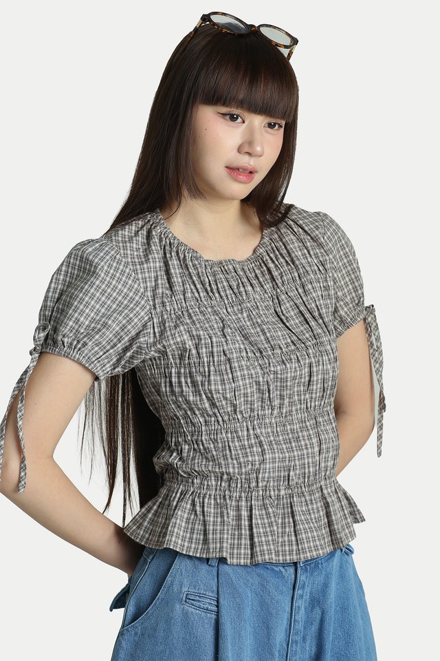 EMMY RUCHED PUFF SLEEVE CHECKED TOP IN GREY