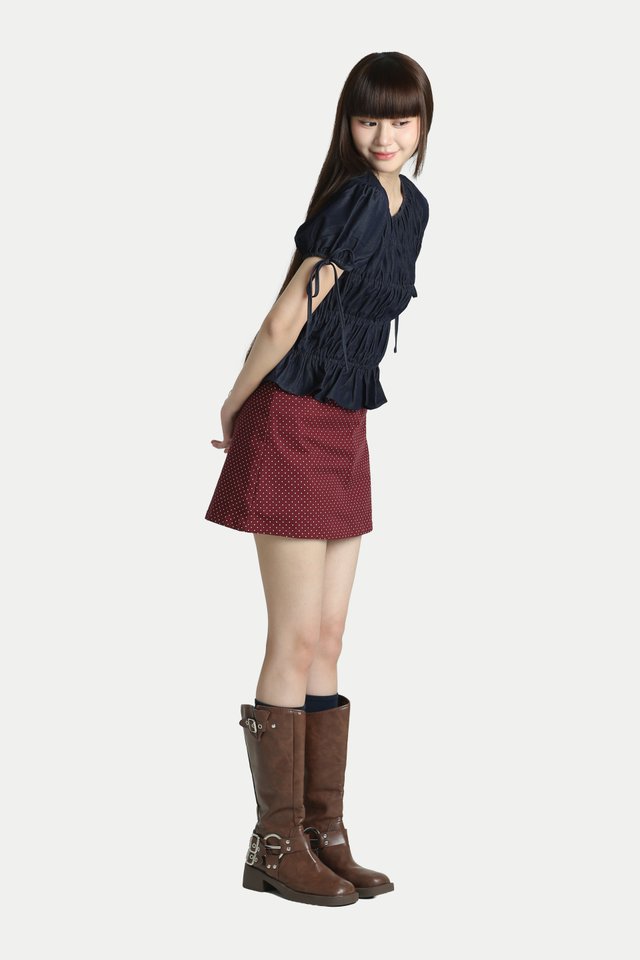 EMMY RUCHED PUFF SLEEVE CHAMBRAY TOP IN DARK