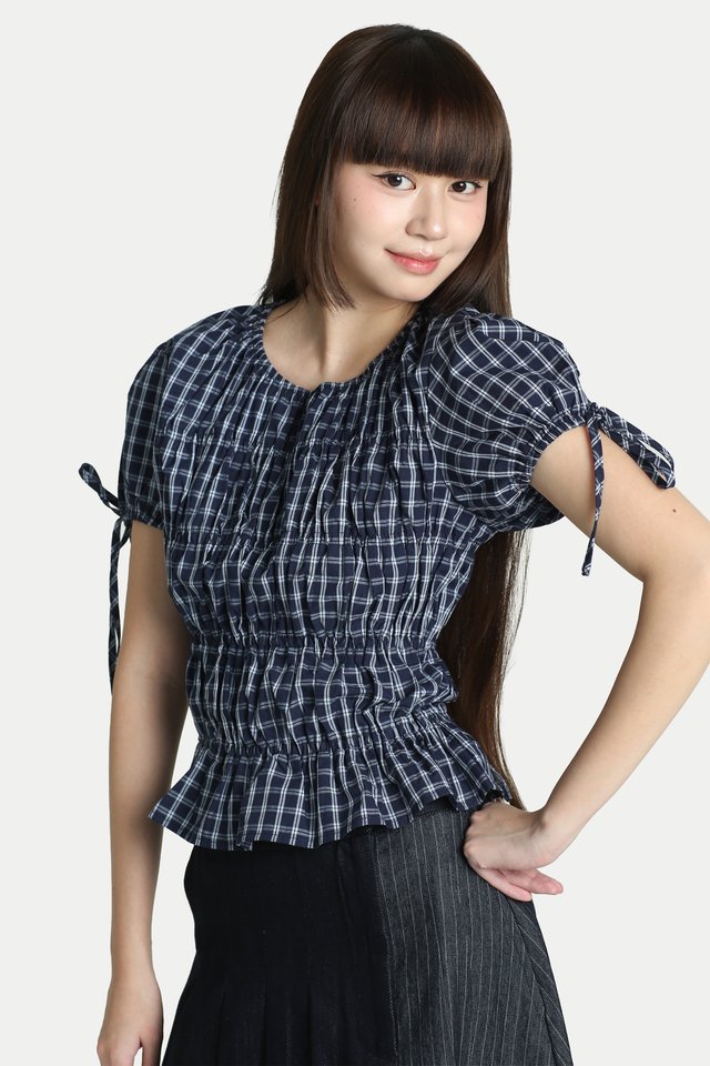 EMMY RUCHED PUFF SLEEVE CHECKED TOP IN BLUE