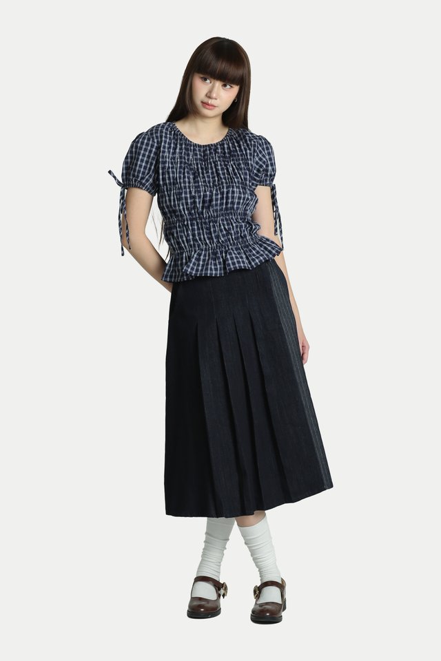 EMMY RUCHED PUFF SLEEVE CHECKED TOP IN BLUE