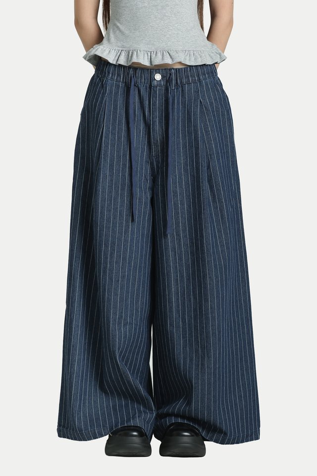 KURA WIDE-LEG DENIM DRAWSTRING JEANS IN MID STRIPES