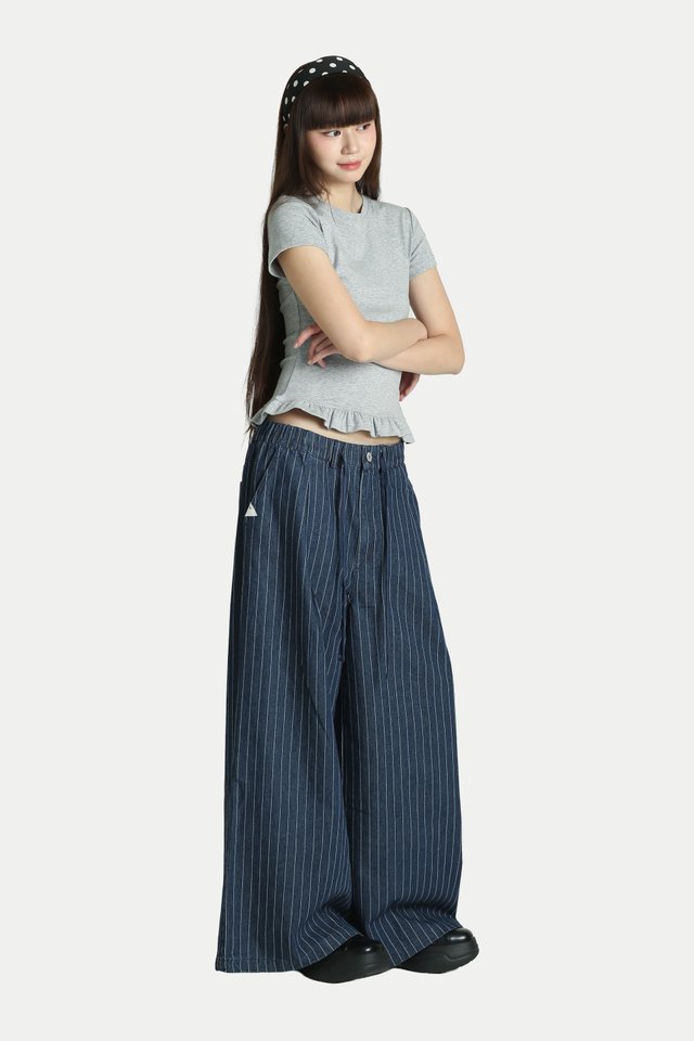 KURA WIDE-LEG DENIM DRAWSTRING JEANS IN MID STRIPES
