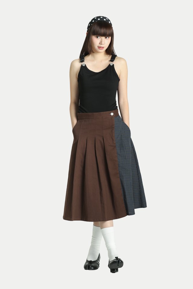 HIMARI TWILL CONTRAST PANEL MIDI SKIRT IN CHOCOLATE/SLATE CHECKS