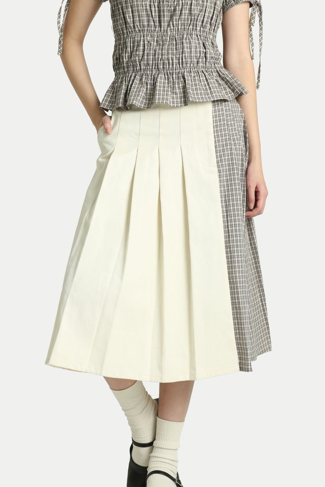 HIMARI TWILL CONTRAST PANEL MIDI SKIRT IN ECRU/GREY CHECKS