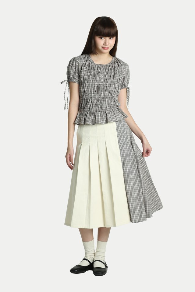 HIMARI TWILL CONTRAST PANEL MIDI SKIRT IN ECRU/GREY CHECKS