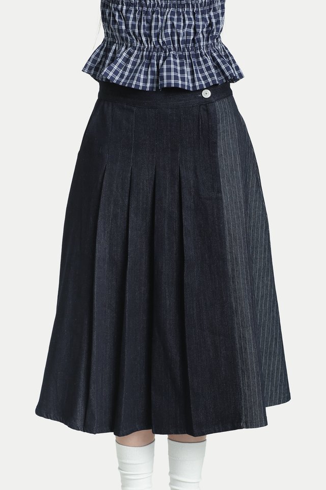 HIMARI DENIM CONTRAST PANEL MIDI SKIRT IN DARK WASH/STRIPE
