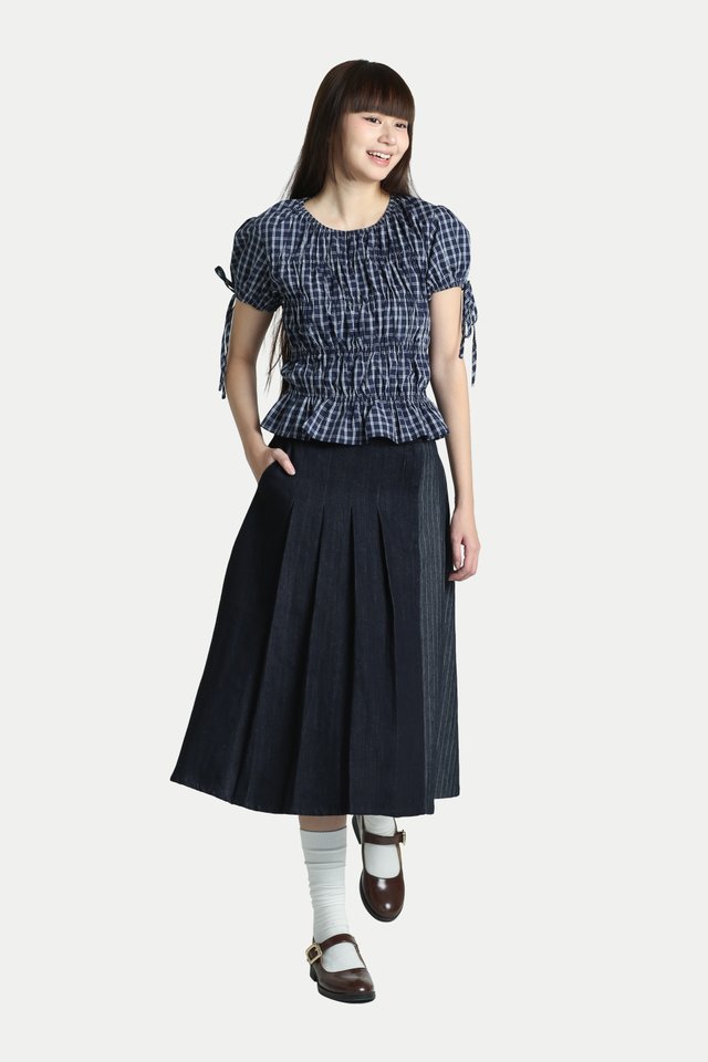 HIMARI DENIM CONTRAST PANEL MIDI SKIRT IN DARK WASH/STRIPE