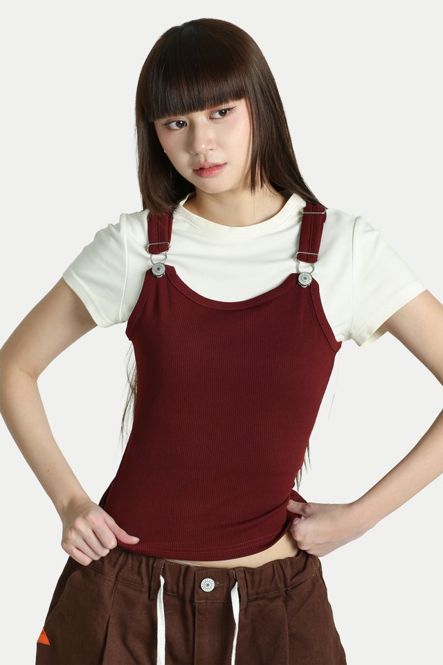 KYRA DUNGAREE TANK TOP IN MERLOT