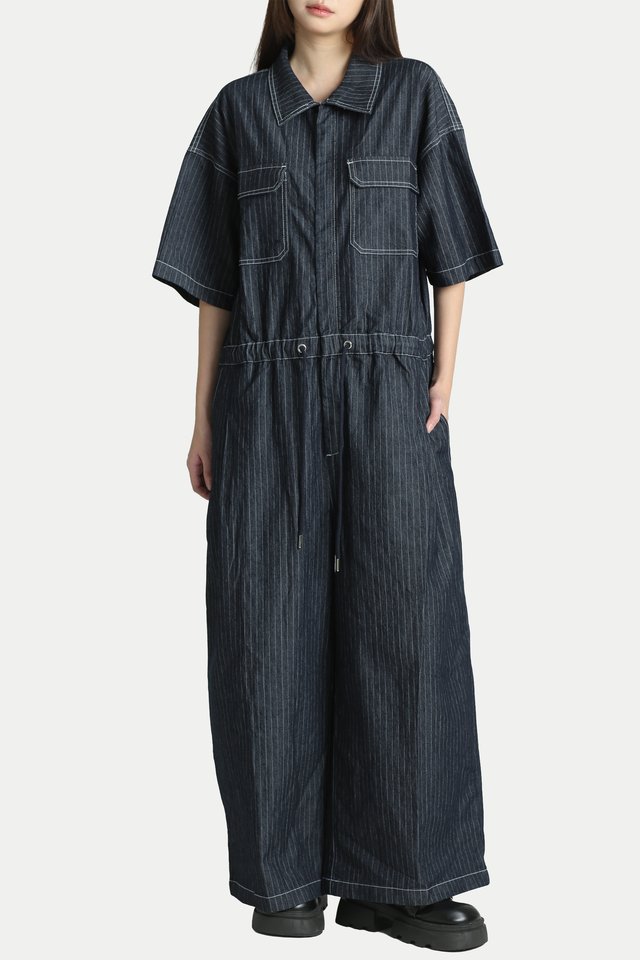 HADLEY DENIM OVERSIZED WORKER JUMPSUIT IN DARK STRIPE