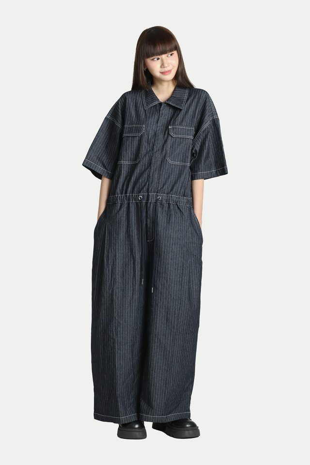 HADLEY DENIM OVERSIZED WORKER JUMPSUIT IN DARK STRIPE