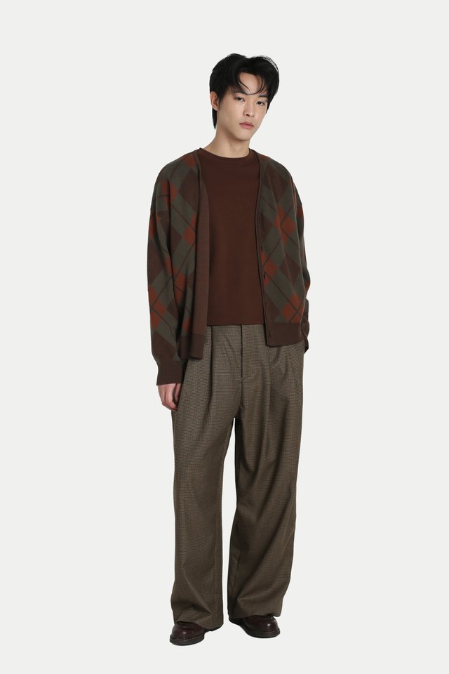THADDEUS HOUNDSTOOTH DOUBLE PLEAT TROUSERS IN WALNUT