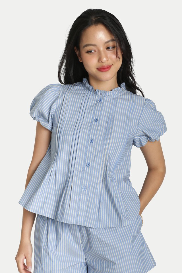 HERA FRILL COLLAR PUFF SLEEVE TOP IN CLOUDY SKY STRIPES