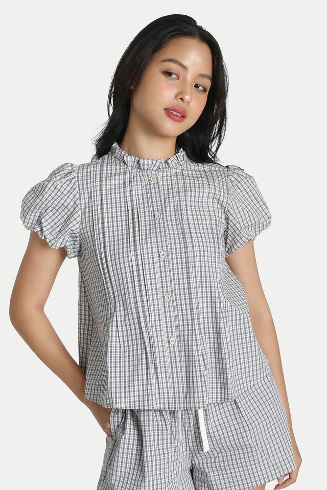 HERA FRILL COLLAR PUFF SLEEVE TOP IN PORCELAIN CHECKS