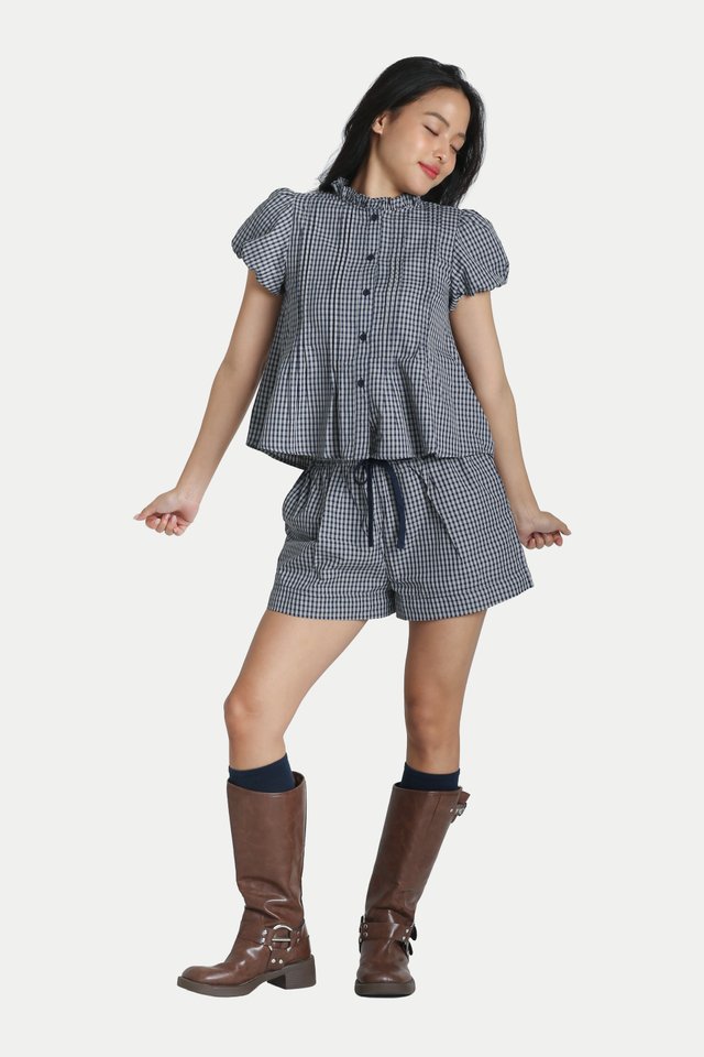 HERA FRILL COLLAR PUFF SLEEVE TOP IN MIDNIGHT CHECKS