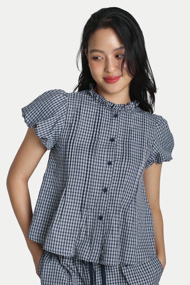 HERA FRILL COLLAR PUFF SLEEVE TOP IN MIDNIGHT CHECKS