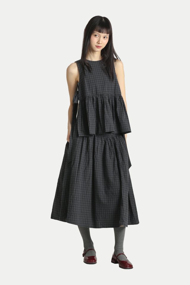 LYDIA SIDE TIE FLARE TOP IN COAL CHECKS