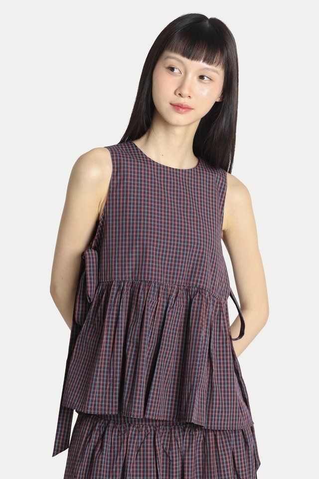 LYDIA SIDE TIE FLARE TOP IN MAROON CHECKS