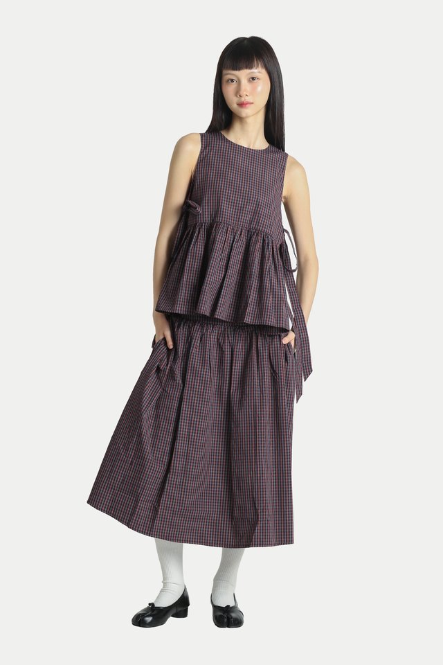LYDIA SIDE TIE FLARE TOP IN MAROON CHECKS