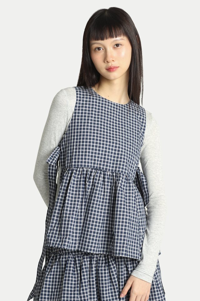 LYDIA SIDE TIE FLARE TOP IN NAVY CHECKS