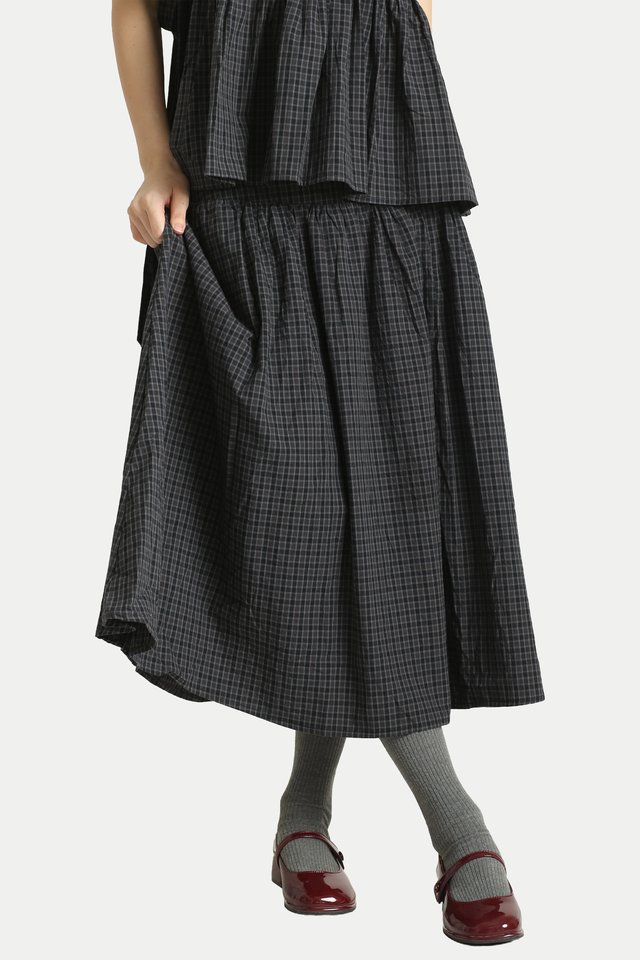 POLLY SIDE BUTTON YOKE MIDI SKIRT IN COAL CHECKS